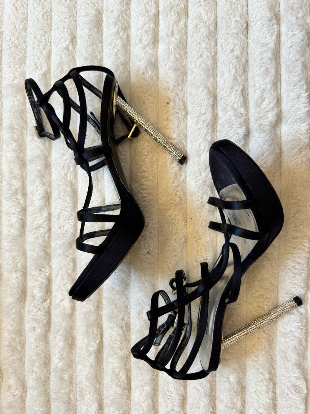 Black Strappy Platform Heels with Rhinestone Stiletto